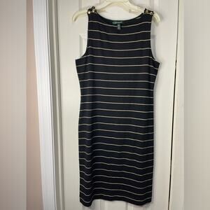Lauren Ralph Lauren Preppy Nautical Cotton Blend Dress Metallic Gold Stripes L